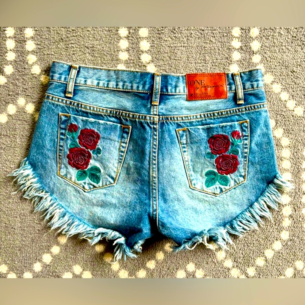 One Teaspoon Embroidered Rose Shorts. “Rollers”. Low waist, long rise, raw hem. - Picture 4 of 9